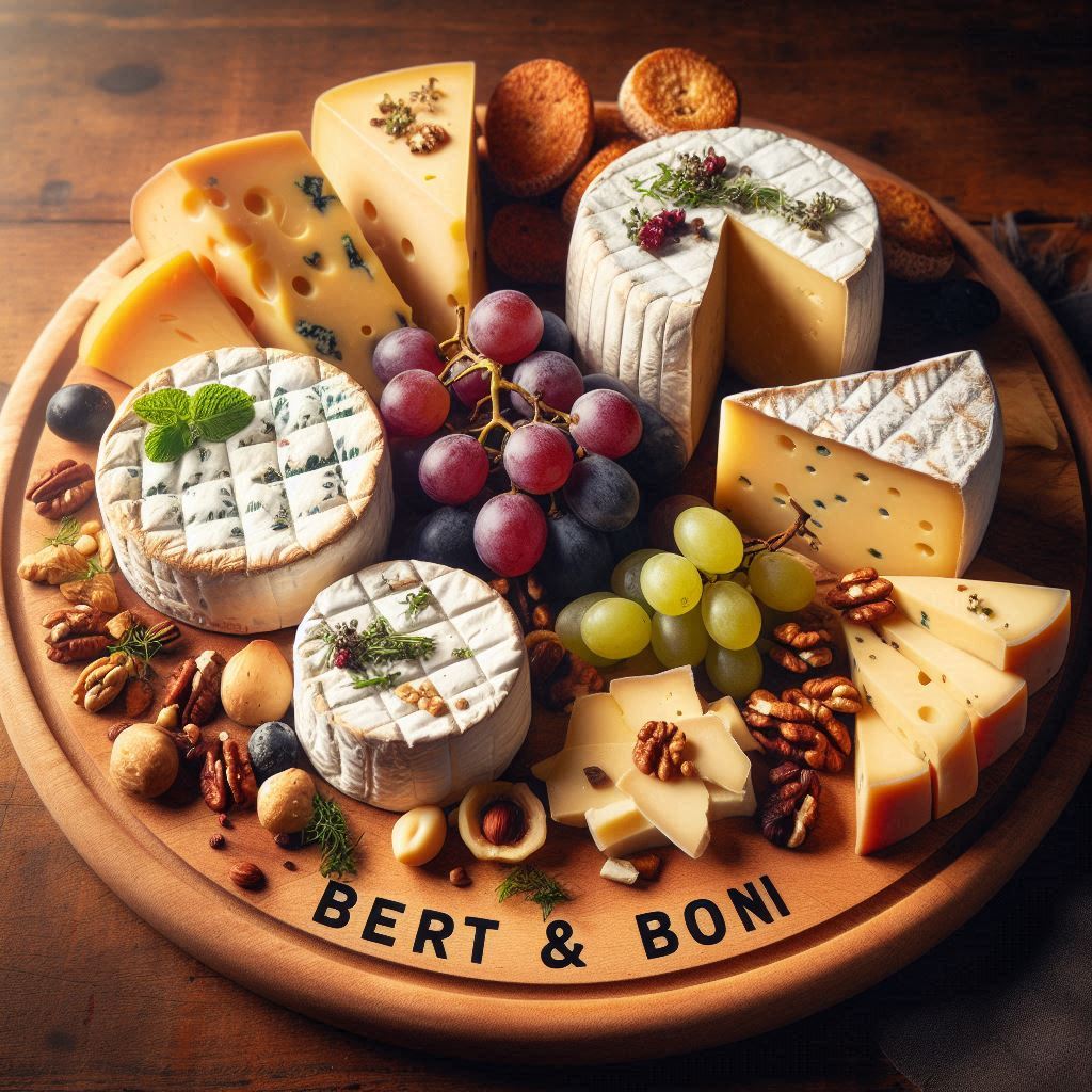 Käse-Probierpaket von Bert & Boni: Fünf handverlesene Käsesorten (Süße Tina, Alex Prime, Heublume, Trüffel Gouda und Hercule) auf schwarzem Hintergrund, elegant präsentiert und ideal für Käseliebhaber.